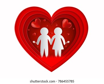 Men and women stand together in the midst in Heart shaped color red. Valentine's Day Concept. paper art and craft style