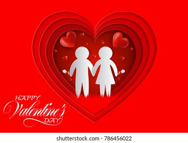 Men and women stand together in the midst in Heart shaped color red. Valentine's Day Concept. paper art and craft style