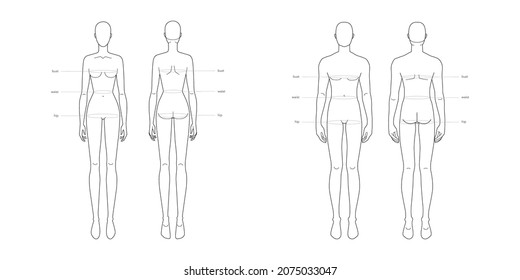 Men and women standard body parts terminology measurements Illustration for clothes and accessories production fashion 9 head male and female size chart. Human body infographic template
