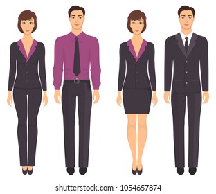 Men and women standing in full growth in formal clothes. Couples in elegant and casual clothes. Basic wardrobe. Vector illustration, isolated