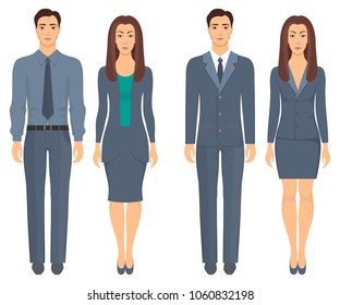 Men and women standing in full growth in formal clothes. Couples in elegant and casual clothes. Basic wardrobe. Vector illustration, isolated