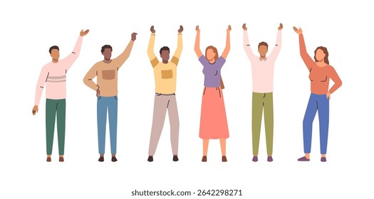 Men and women standing in line raising hands up. Vector isolated male and female characters resenting or showing gestures. Community or students, team worker or business partners in meeting