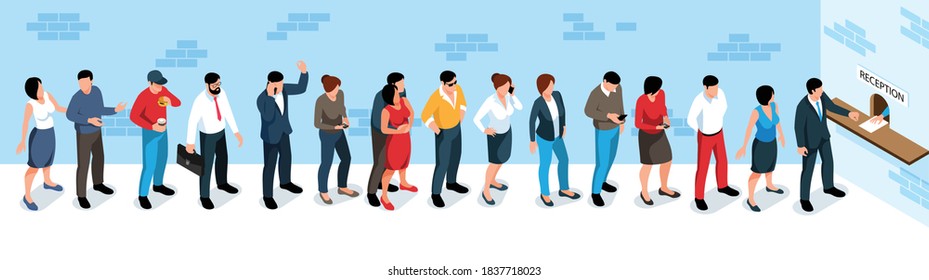 Men and women standing in long queue at reception 3d isometric vector illustration