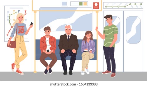 Men and women standing in subway vector illustration. City dwellers using public transport. People commuting in metro, passengers in underground train car