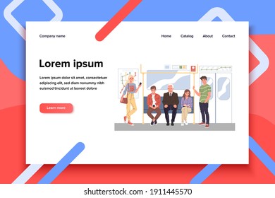 Men and women standing in subway vector illustration. City dwellers using public transport. People commuting in metro, passengers in underground train car