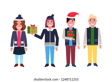 men women standing together happy new year merry christmas concept male female cartoon character full length isolated horizontal