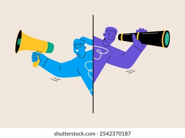 Men and women standing together, holding binocular and megaphone loudspeaker. looking for new opportunities concept. Colorful vector illustration
