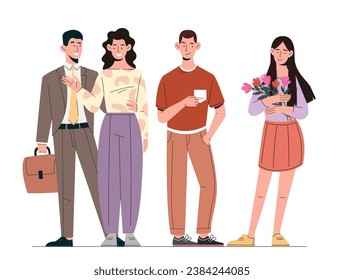 Men and women standing. Young guy and girl give presents each others. Man in suit hug woman. Love and romance. Family and couple. Cartoon flat vector illustration isolated on white background