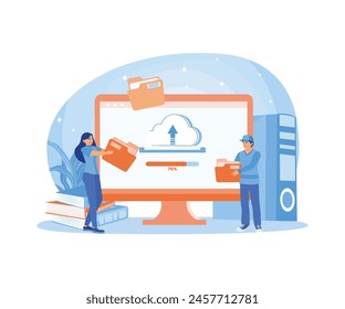 Men and women store data in data centers. Exchange of information on the internet. Could Computing concept. Flat vector illustration.