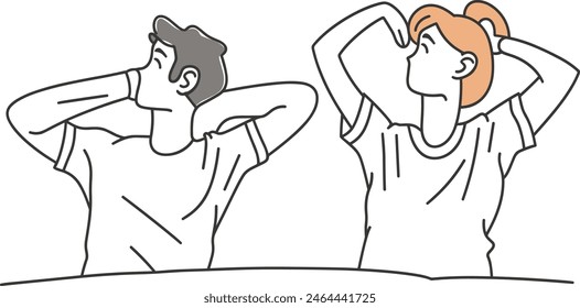 Men and women stretch when they wake up, Morning Stretching, Men and Women's Routine, flexibility, health, waking up, exercise, mobility, energizing, line art vector illustration, modern line art.