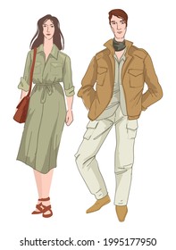 Men and women stylish apparels in military or safari style. Outfits including clothes and accessories for males and females. Wearing trendy and fashionable beige western clothing. Vector in flat