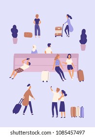 Men and women with suitcases waiting at airport or bus station. Group of people or passengers with luggage sitting on bench, taking selfie photo, standing, walking. Flat cartoon vector illustration