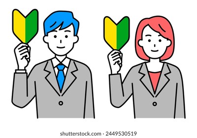 Men and women in suits with beginner marks