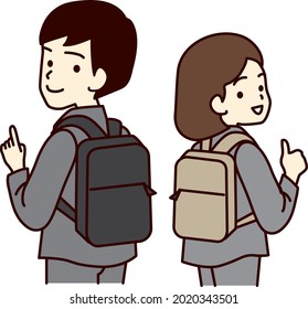 Men and women in suits carrying business backpacks.