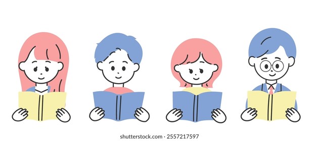 Men and women in suits and casual clothes reading books
