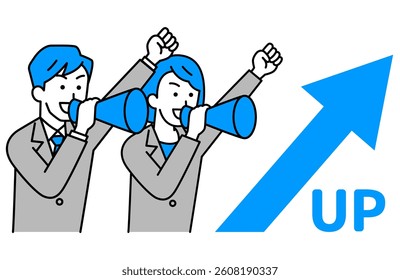 Men and women in suits cheering with rising arrows and megaphones