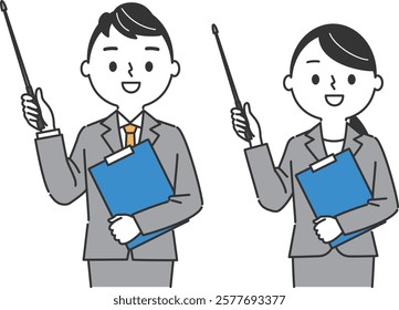 Men and women in suits explaining with sticks upper body vector