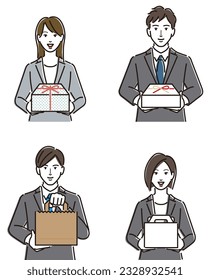 Men and women in suits with gifts