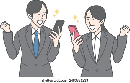 Men and women in suits holding and fist-pumping their phones.