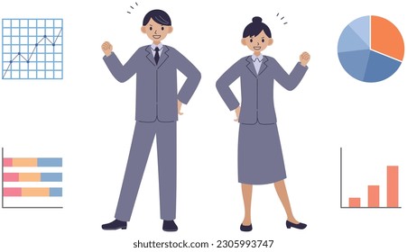 Men and women in suits posing with guts and various graphs