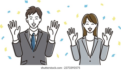 Men and women in suits raising their hands in joy