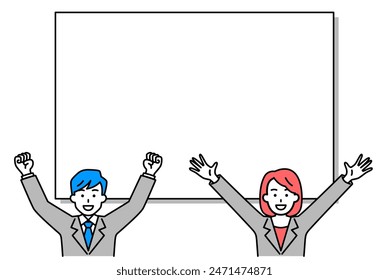 Men and women in suits raising their hands in joy in front of a whiteboard