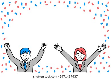 Men and women in suits raising their hands in joy amid confetti