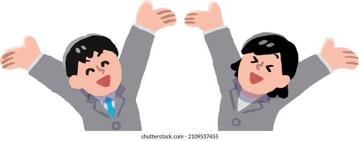 Men and women in suits rejoicing with both hands raised