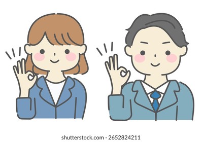 Men and women in suits showing OK sign with fingers, simple upper body business vector illustration with transparent background