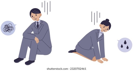 Men and women in suits sitting dejectedly