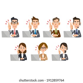 Men and women in suits that raise their index fingers while using a laptop