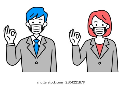 Men and women in suits wearing nonwoven masks and making OK signs