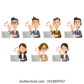 Men and women in suits who smile and give an OK sign while using a laptop