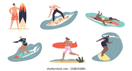 Men and women surfing. Set of cartoon characters riding surfboards on wave. Happy young people enjoy activity for active summer vacation at sea resort. Flat vector illustration