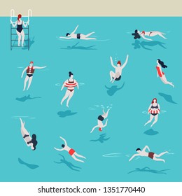 Men and women in swimwear public swimming pool jumping and diving vector lifebuoy summer activity ladder swimmer motion sport and recreation male and female characters in swimsuits in motion - Shutterstock ID 1351770440