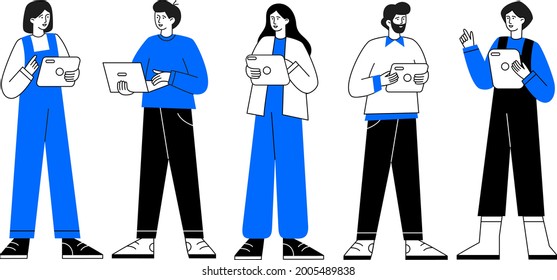 Hombres y mujeres con tablets y laptops. La gente está parada y sosteniendo los aparatos en sus manos. Personas de diferentes profesiones - ingeniero, programador, constructor, agricultor. Ilustración vectorial. 