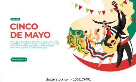 Men and women take part in the parade on the occasion of cinco de mayo. Vector illustration of cinco de mayo celebration concept. Landing page main block layout.