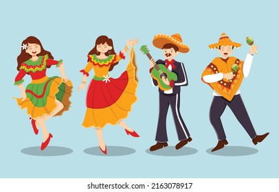 Men and women take part in the parade on the occasion of cinco de mayo. Vector illustration of cinco de mayo celebration concept. Landing page main block layout.