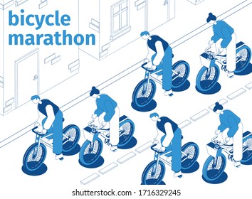 Men and women taking part in bicycle marathon riding along street blue and white 3d isometric vector illustration