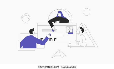 Men and women taking part in business activities, team work. UI UX design concept of creating an application. Design and development business vector concept. Modern flat outline style.