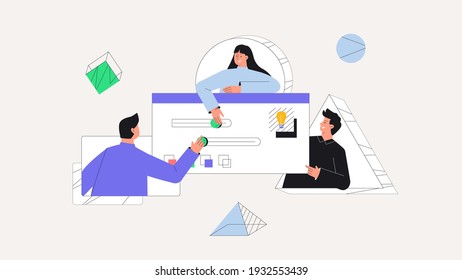 Men and women taking part in business activities, team work. UI UX design concept of creating an application. Design and development business vector concept. Flat style vector illustration.