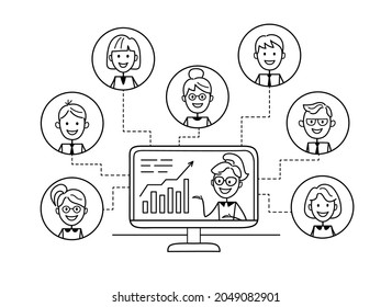 Men and women taking part in business meeting, negotiation, brainstorming, talking to each other. Online learning. Video conference. Remote employee communicates via the Internet. Telecommuting 
