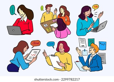 Men and women taking part in business activities. Business. Illustration Set