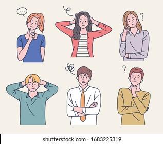 Men   women are taking quizzes   thinking making difficult expressions  flat design style minimal vector illustration 