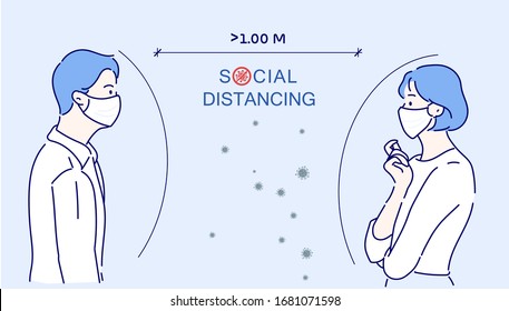 Hombres y mujeres hablan entre ellos a aproximadamente 1 metro de distancia. Distanciamiento social, mantener la distancia en la sociedad pública para proteger de COVID-19. La idea de ​ ​ detener la propagación del virus