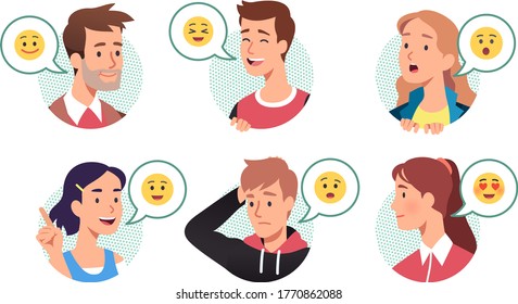 Men & women talking expressing emotions. Happy, surprised, questioning, confused people laughing, showing gestures, scratching head. Facial expressions communication set. Flat vector face illustration