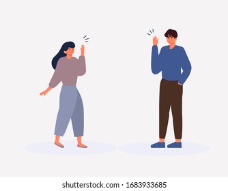 men and women talking while doing social distancing flat vector illustration