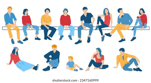 Men, women, teenagers and child sitting on a bench, different colors, cartoon character, group  silhouettes of business people, students, the design concept of flat icon, isolated on white background