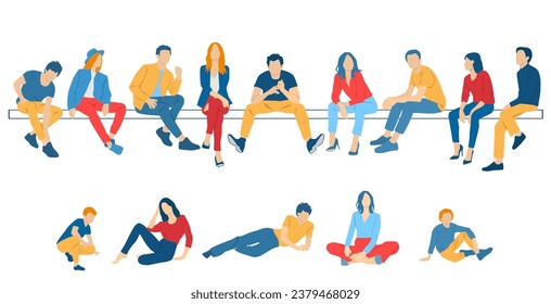 Men, women, teenagers and child sitting on a bench, different colors, cartoon character, group  silhouettes of business people, students, the design concept of flat icon, isolated on white background