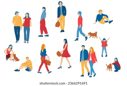 Men, women, teenagers and children standing, walking, sitting, different colors, cartoon character, group  silhouettes rest people, students,  design concept of flat icon, isolated on white background